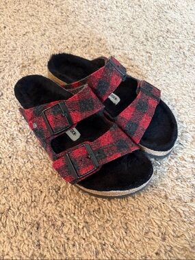 Birkenstock Red and Black Plaid Double Buckle Slides